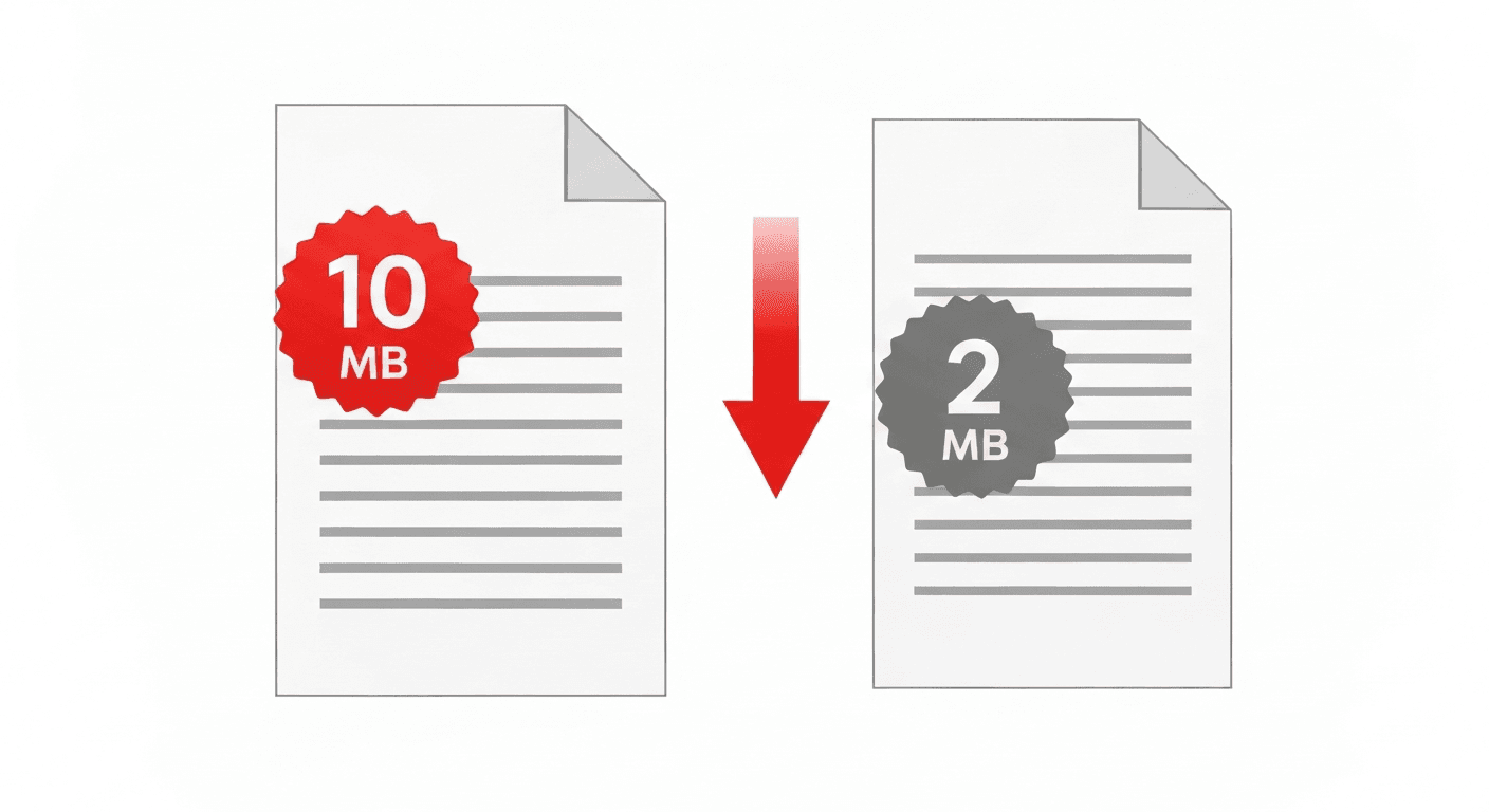 Side by side comparison showing a 10MB PDF file reduced to 2MB after compression