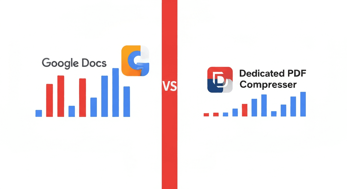 Comparison showing Google Docs unreliable PDF compression versus a dedicated PDF compression tool