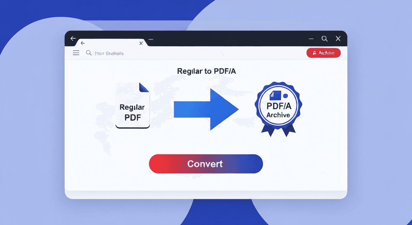 Web interface showing PDF to PDF/A conversion tool with a regular PDF icon on the left and a PDF/A archive badge on the right with a convert button
