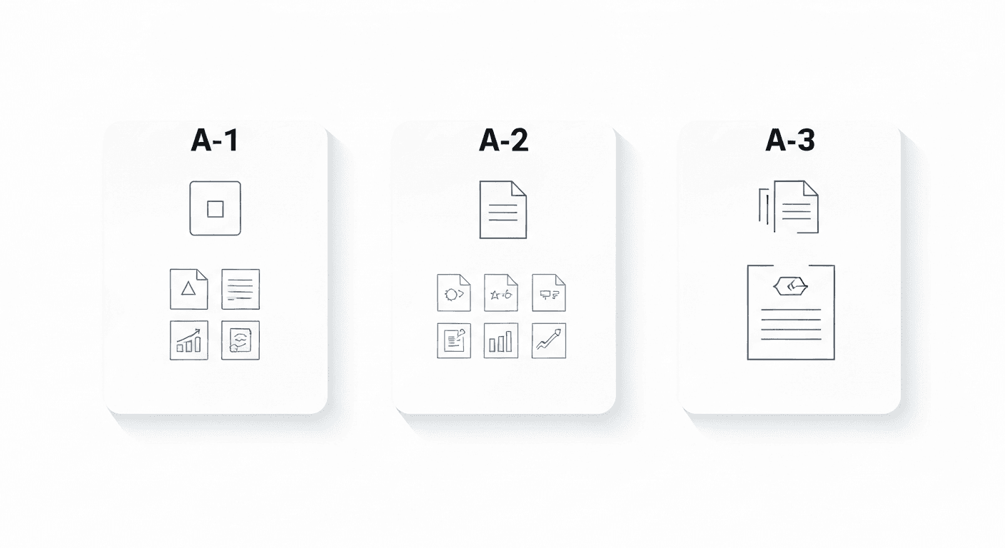 Three comparison cards showing PDF/A-1, PDF/A-2, and PDF/A-3 with their key features and differences