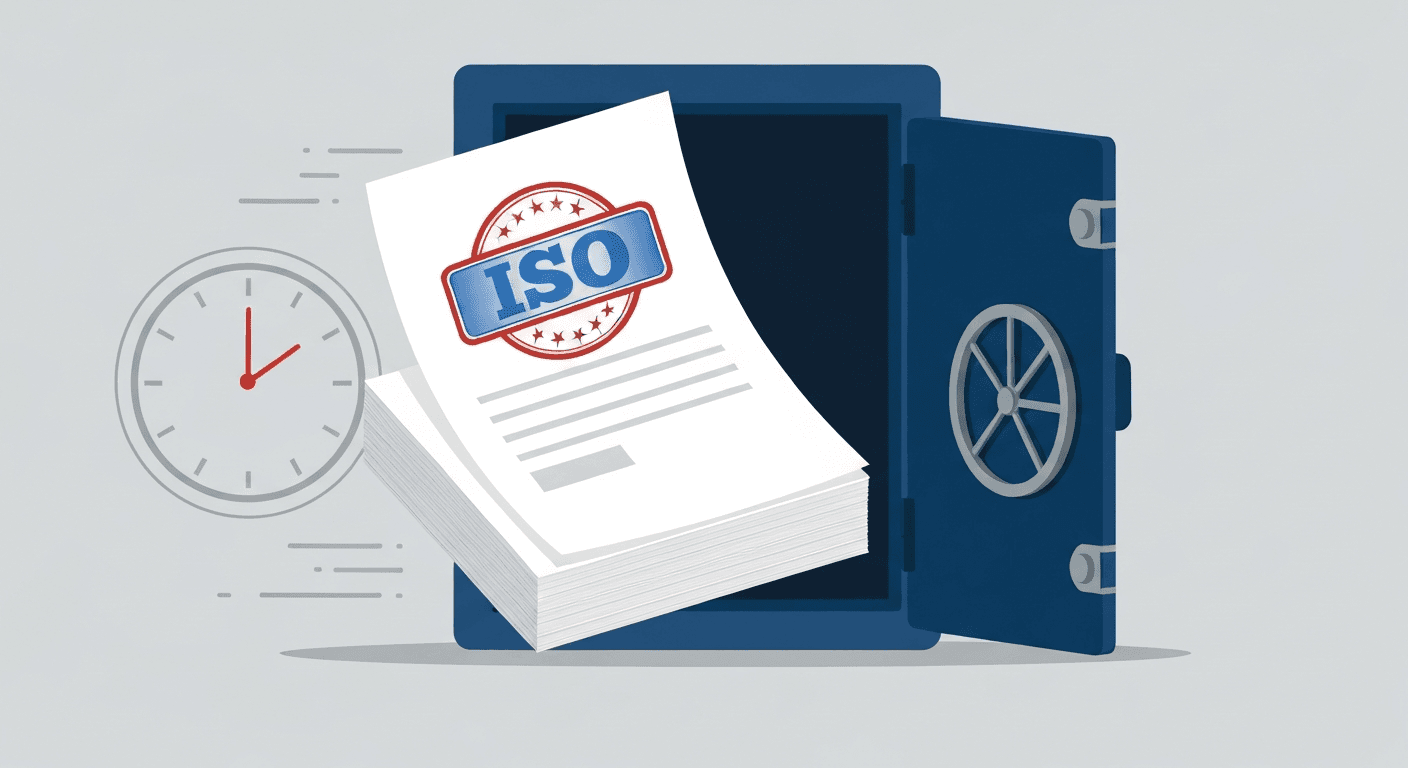 PDF document with an ISO archival badge, surrounded by a vault and clock representing long-term preservation and self-contained document format