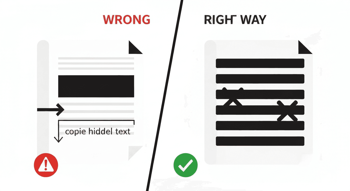 Split comparison showing the wrong way to redact a PDF (annotation overlay with text still copyable underneath) versus proper redaction with text permanently removed
