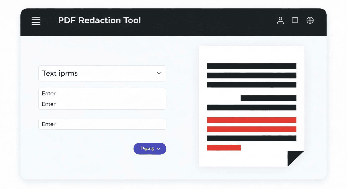 Web interface showing PDF redaction tool with a text input field for terms to redact and a PDF preview with black redaction bars applied
